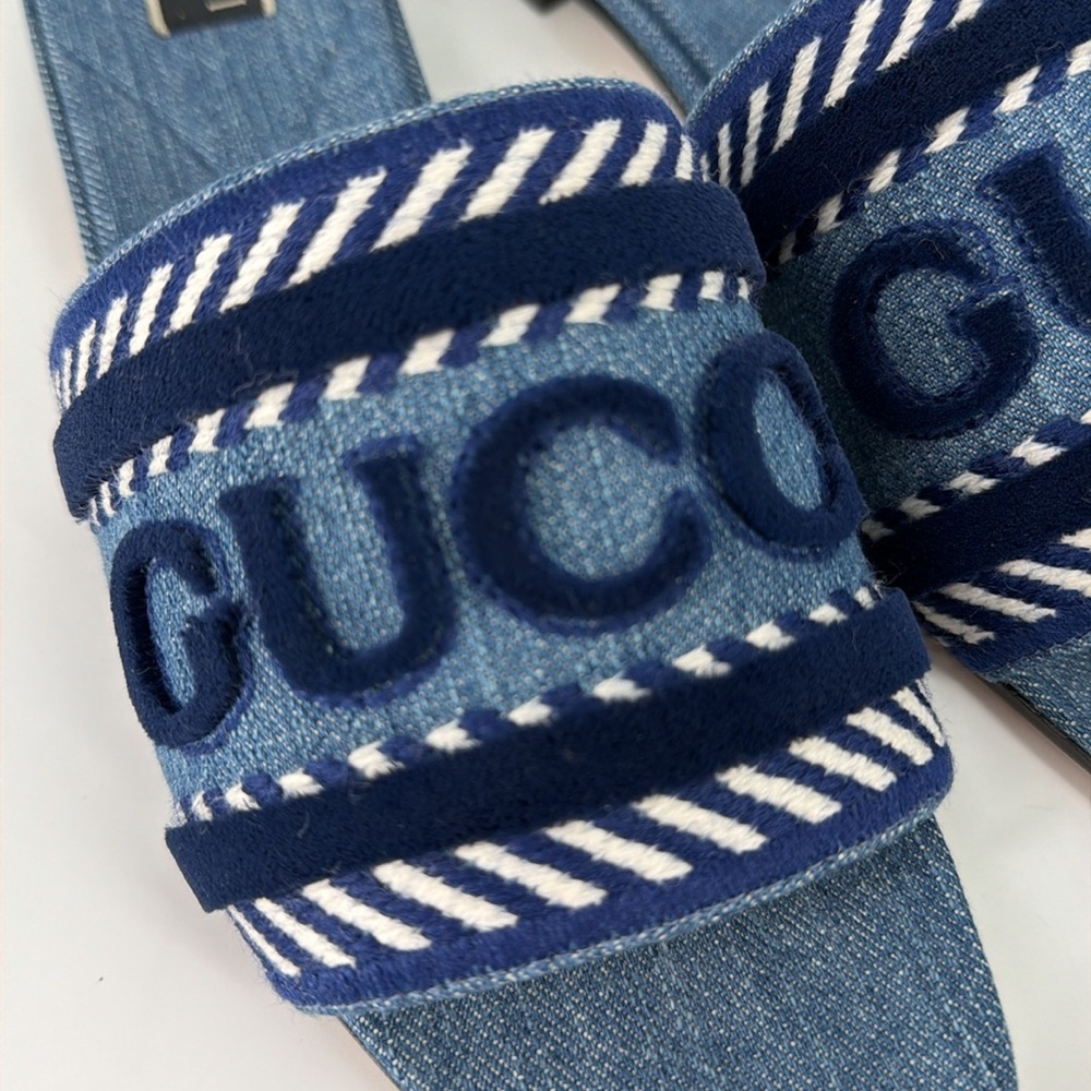 Gucci 39 Denim Jean Jane Logo Blue Stripe Slides Sandals E947 - Picture 9 of 14